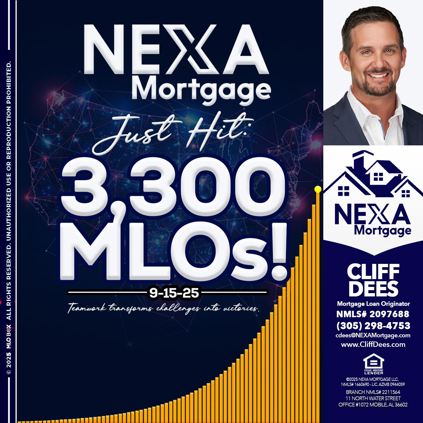 NEXA JUST HIT 3300 MLOS - Cliff Dees -Mortgage Loan Originator