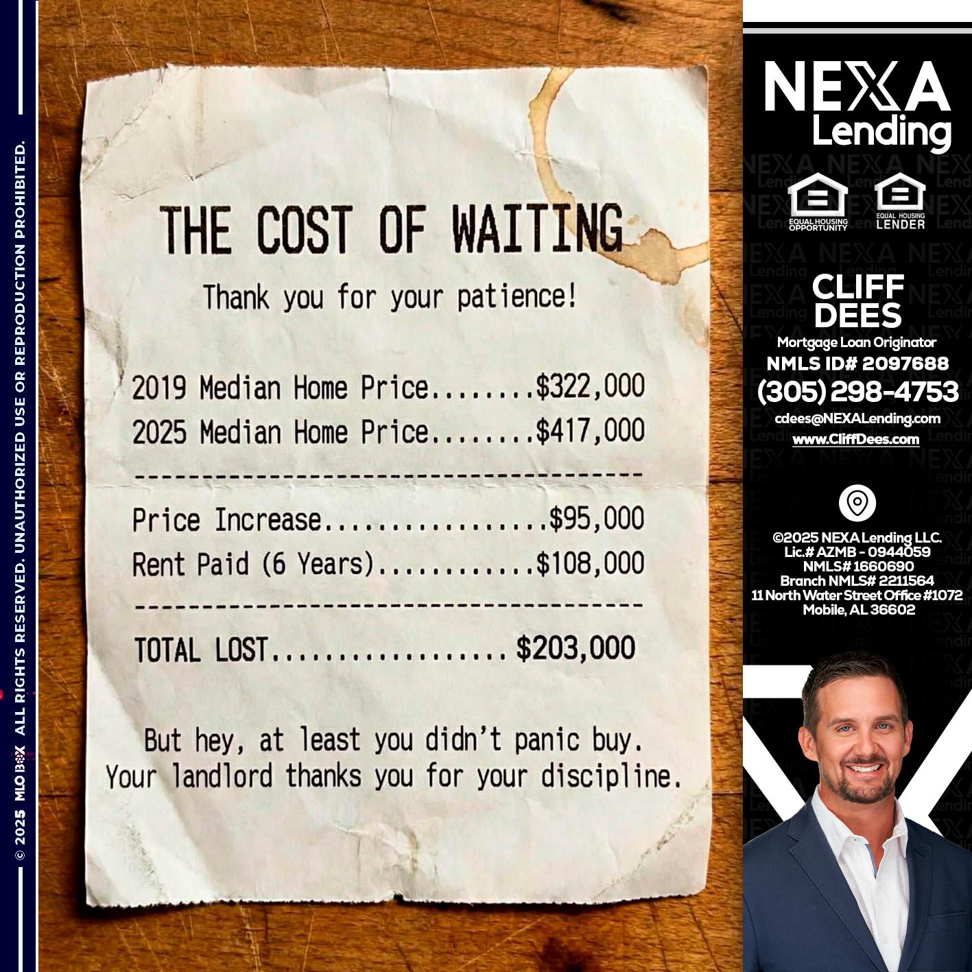 THE COST OF WAITING - Cliff Dees -Mortgage Loan Originator